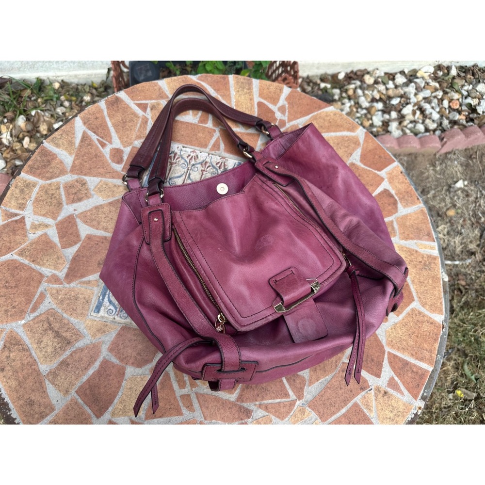 Kooba Leather Shoulder Bag Plum Burgundy Hobo Tote Rose Gold Hardware